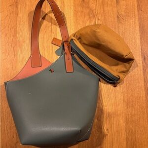 Steel Blue and Brown Leather Tote Bag with Cosmetic Pouch